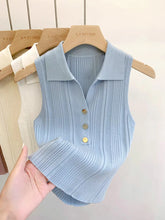 Summer Turn Down Collar Gold Button Slim Knitted Sweater
