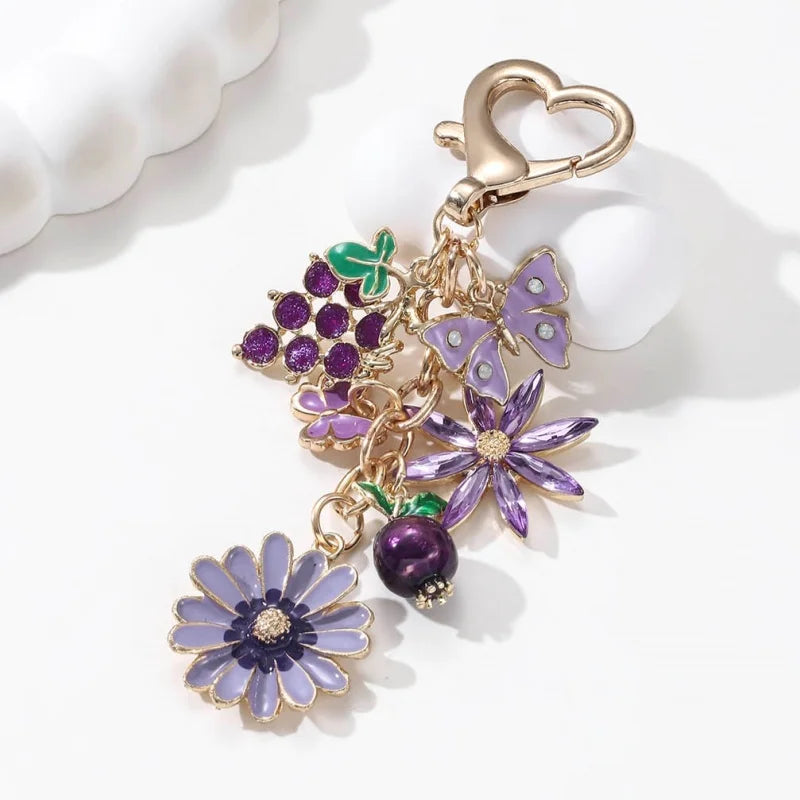 Pretty Purple Flower Grape Butterfly Enamel Keychain Plant Fruit Cute Pendants