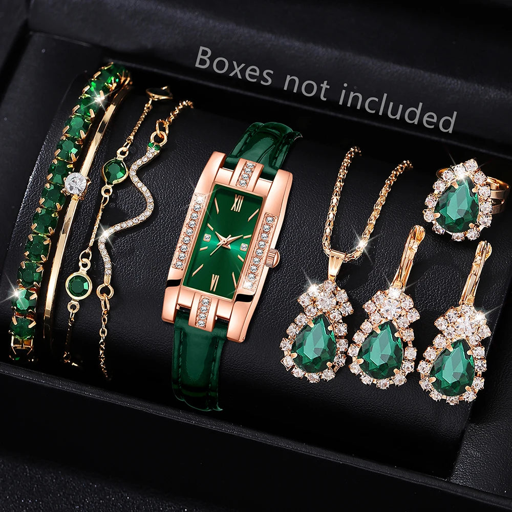9PCS Green Women's Watch Bracelet Necklace Earrings Set Holiday Gift