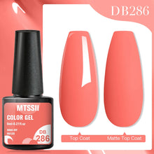 MTSSEII color gel with a coral nail polish and two nail samples on a pink background