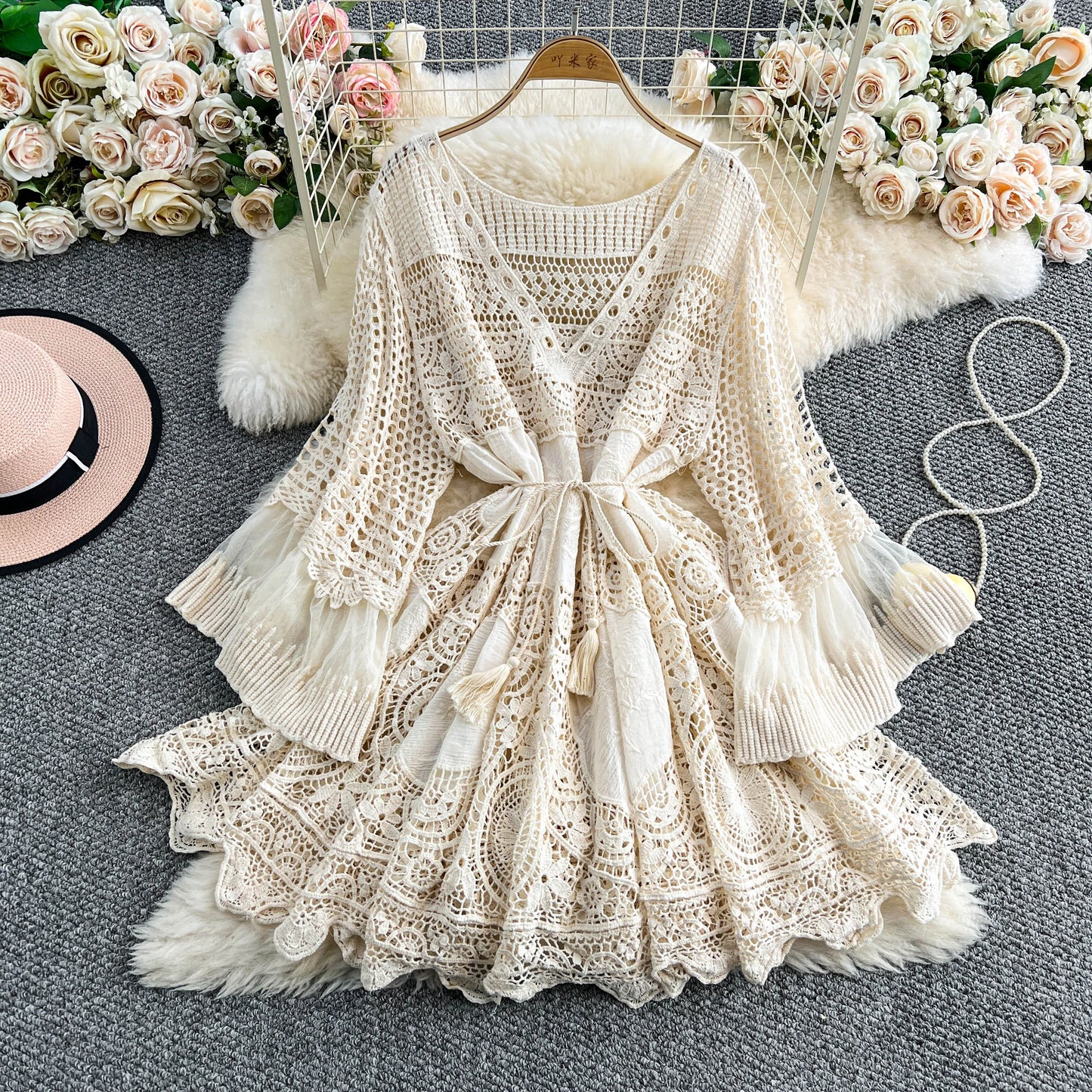 Summer Beach Boho Dress for Women Sexy Hollow Out Hem Dress Holiday Vestidos Meshout Vacation Dresses New In 2025 Chic