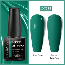 Nail gel polish bottle with green color swatches labeled 'Top Coat' and 'Matte Top Coat'.