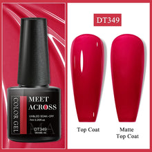 Nail gel polish bottle with red color swatches labeled 'Top Coat' and 'Matte Top Coat' on a red background.