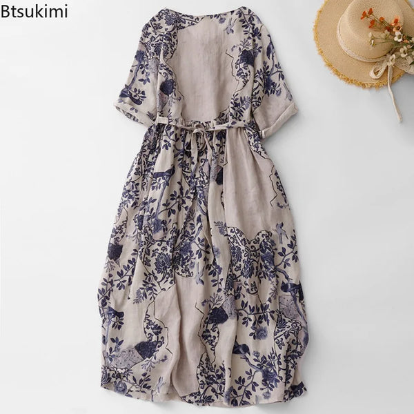 Summer Dresses Retro Casual Loose Print V Neck Long Dress