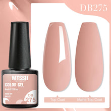 MTSSII color gel polish bottle with a pink nail and comparison of top coat and matte top coat on a light pink background.