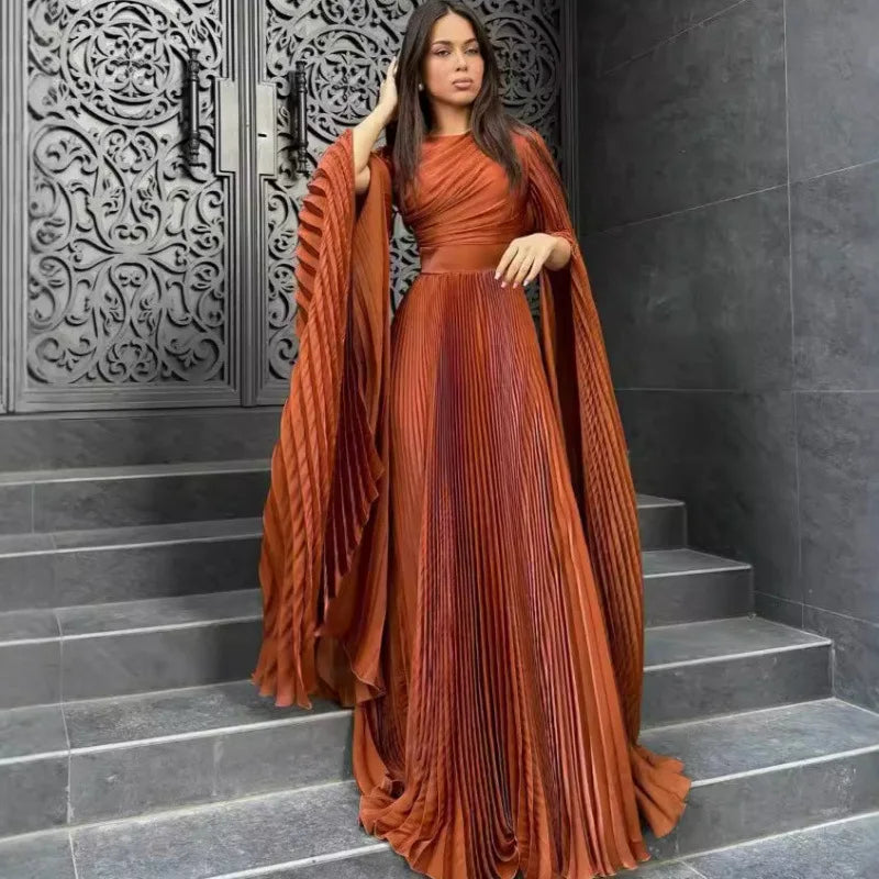 Folds Flare Sleeve Round Collar Floor Lace Up Tight Waist A Line Formal Gown