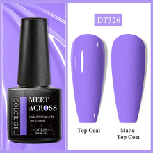 Gel polish bottle with purple color swatches labeled 'Top Coat' and 'Matte Top Coat' on a purple background.