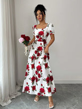 Women Rose Floral Print Maxi Dresses Square Neck Puff Short Sleeve Back Smocked Elastic Waist Flowy A Line Summer Vacation Dress