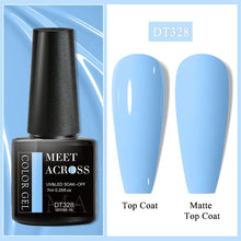 Nail gel polish bottle with blue nail samples labeled 'Top Coat' and 'Matte Top Coat' on a light blue background.