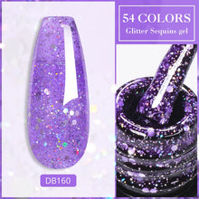 Purple glitter sequins gel with a nail and a pot of gel on a white background