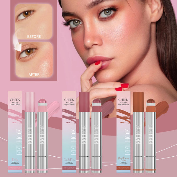Liquid blush cream in peach pink tone showing product packaging.