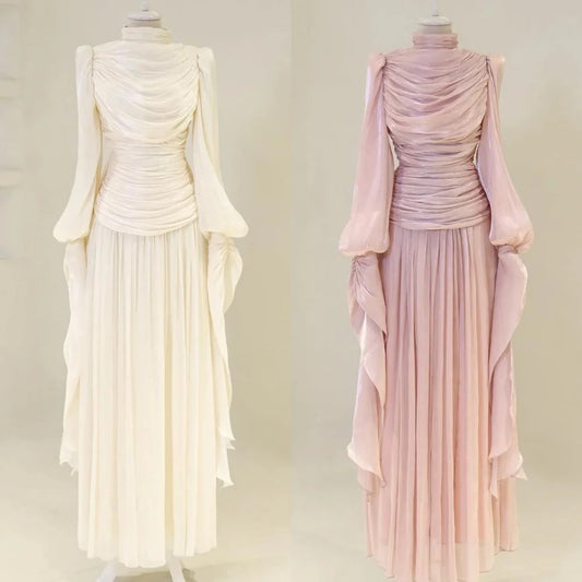 Customized pleated A-line dress with elegant high collar
