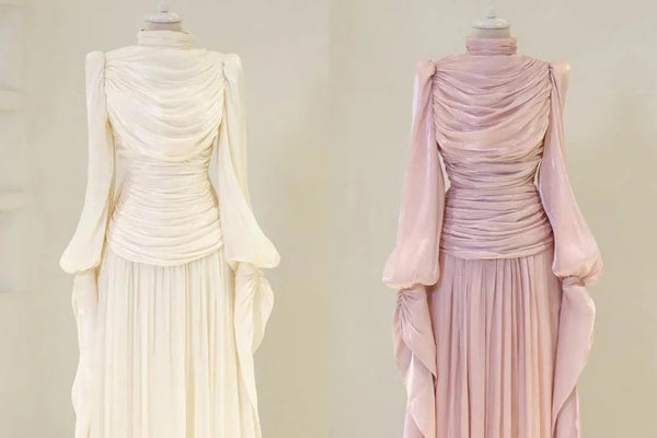 Customized pleated A-line dress with elegant high collar