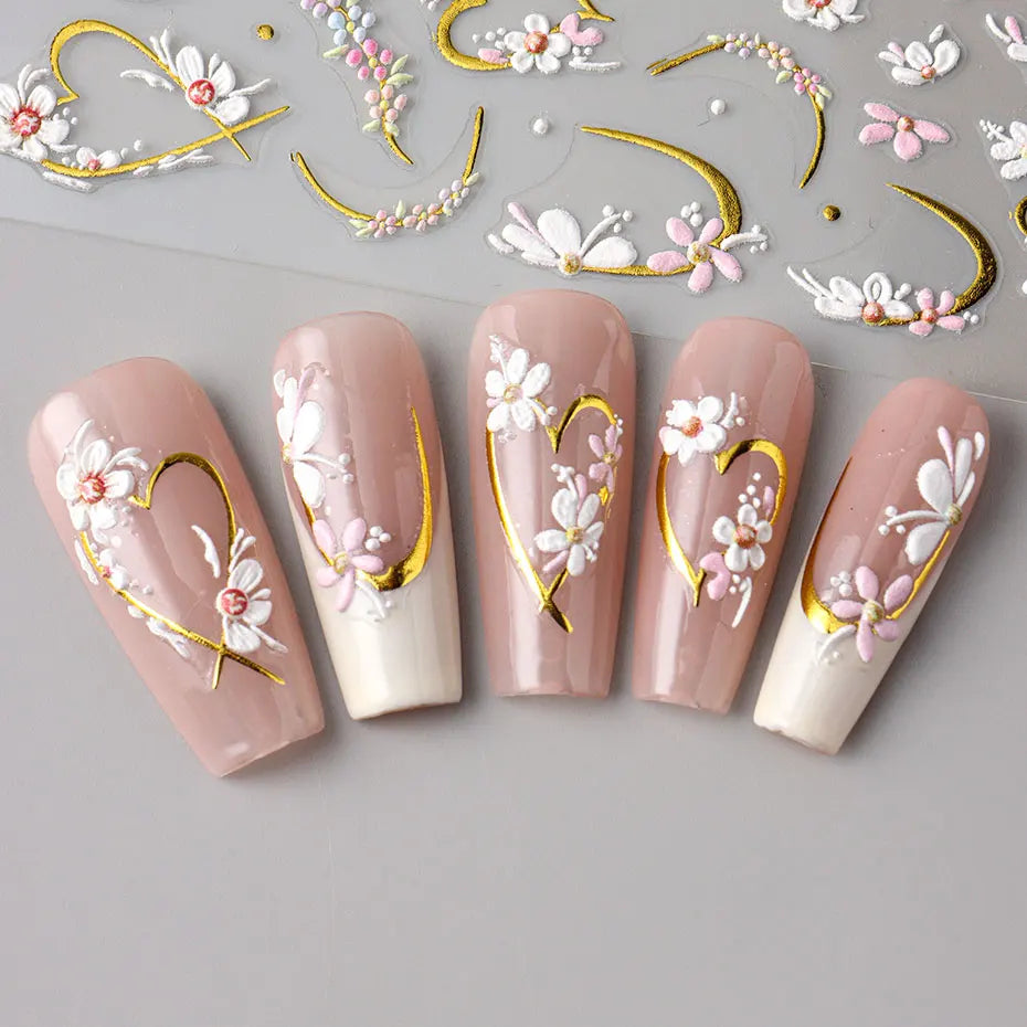 Floral Gold Line Sliders Spring White Flowers Nail Stickers