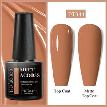 Gel nail polish bottle with 'Meet Across' branding and two nail samples showing top coat and matte top coat on a beige background.