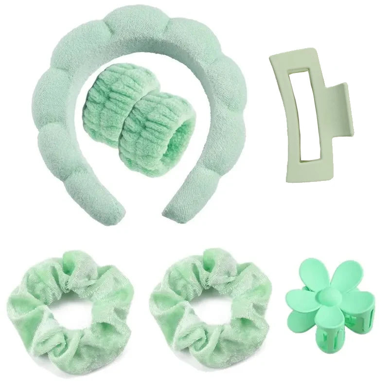 7Pcs Fashion Microfiber Washing Wristbands Scrunchies Puffy Headband Spa Bubble Headband for Washing Face Makeup Shower Skincare