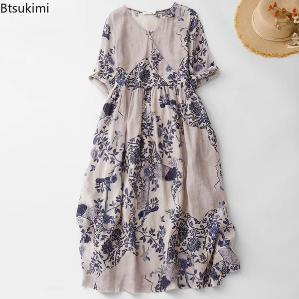 Summer Dresses Retro Casual Loose Print V Neck Long Dress