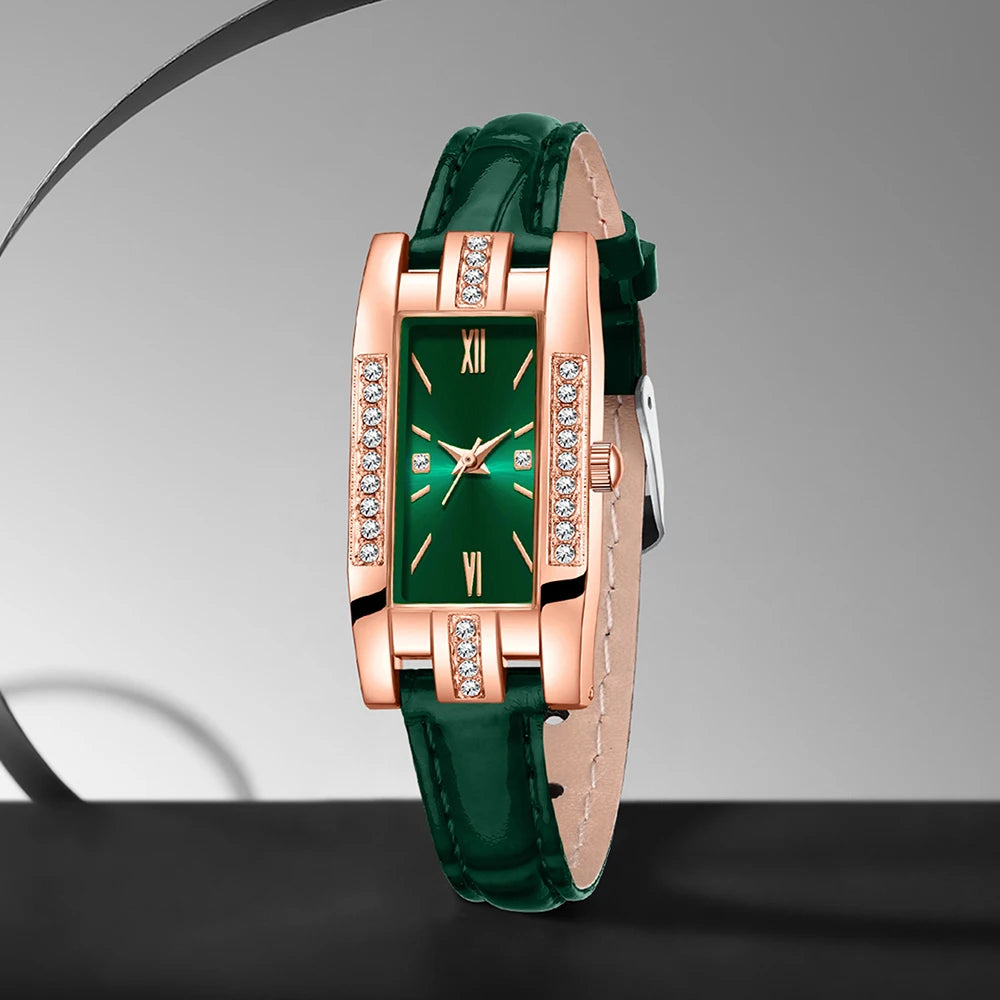 9PCS Green Women's Watch Bracelet Necklace Earrings Set Holiday Gift