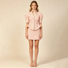 Pink Tweed 2 Piece Outfit Women featuring a stylish fitted blazer and skirt in a soft pink hue.