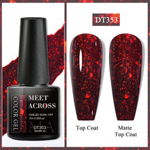 Color gel polish bottle with red glitter finish and two nail samples labeled 'Top Coat' and 'Matte Top Coat'.