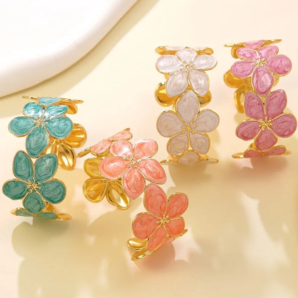 Multicolor Enamel Flower Cuff Bracelet Vintage Floral