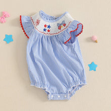 Striped baby romper worn by a baby girl