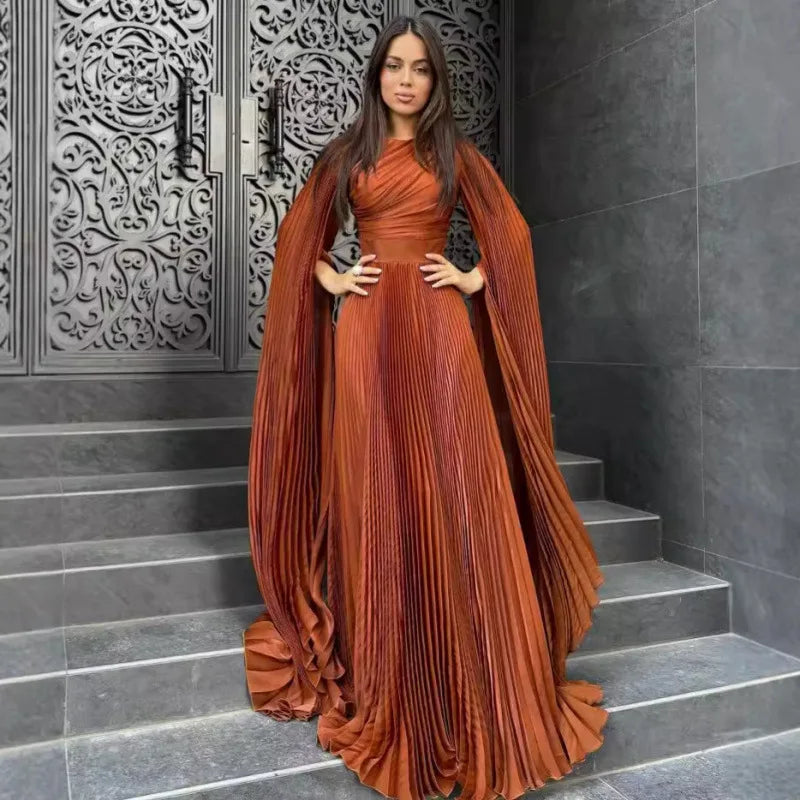 Folds Flare Sleeve Round Collar Floor Lace Up Tight Waist A Line Formal Gown