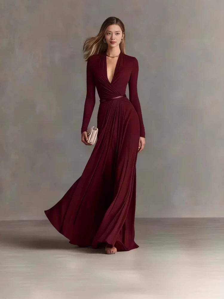 Elegant Sexy Deep V Neck Slim Maxi Dress Women Long Sleeve Ruched Waist Formal Gown Spring Casual Solid  Long Dresses