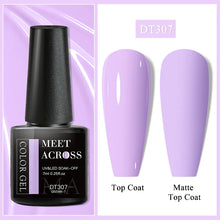 Gel polish bottle with a purple nail and 'Meet Across' branding on a light purple background.