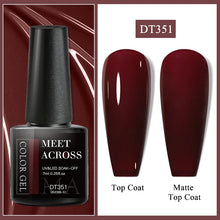 Nail gel polish bottle with top coat and matte top coat swatches on a white background
