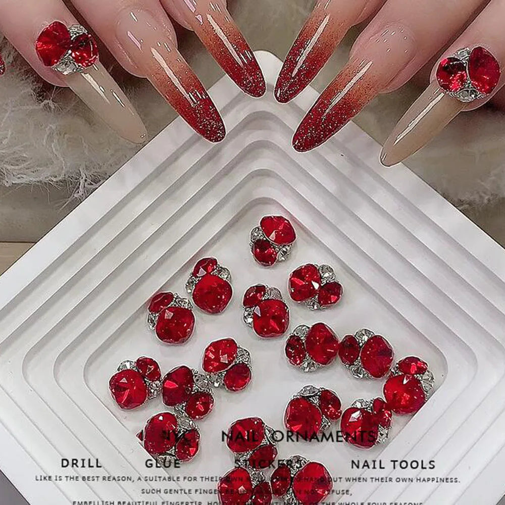 10Pcs Shiny Pile Diamond Nail Art Rhinestones Pink Red Champagne Sparkling Crystal Diamond Nail Gems Fat Square Flash Nail Parts