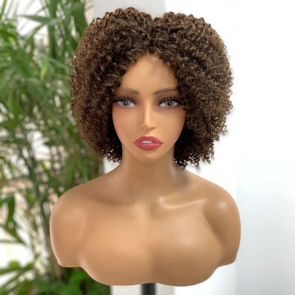 Curly pixie cut human hair wig showing water curl texture front view.