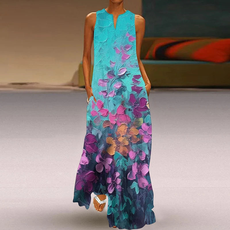 Summer Dress Woman 2025 Printed Dresses Summer Sleeveless V-Neck Long Dress Ladies Casual Elegant Beach Party Maxi Dresses