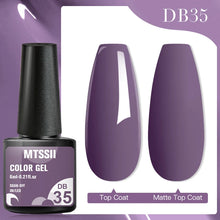 MTSSII Color Gel bottle with purple nail polish and nail samples on a purple background