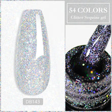Nail polish with glitter and sequins, showing a close-up of the gel and a swatch on a white background.
