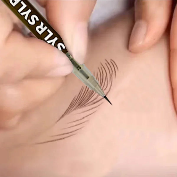 Liquid eyebrow pencil showing ultra-fine 0.008mm tip close-up.