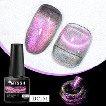 MTSSII DC151 UV/LED soak-off nail polish shown in a black bottle with a pink-purple glitter swatch, alongside two nail tip sample swatches displaying the magnetic glitter effect and a close-up of the brush coated with the polish.