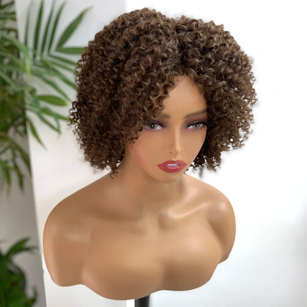 Curly pixie cut human hair wig glueless design for easy wear.