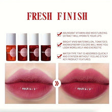 Fruity lip tint applied on model for a glossy juicy lip look.
