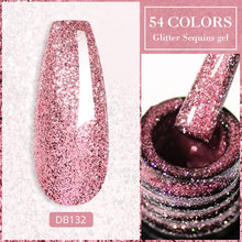 Glitter sequins gel with a nail application and product name on a white background