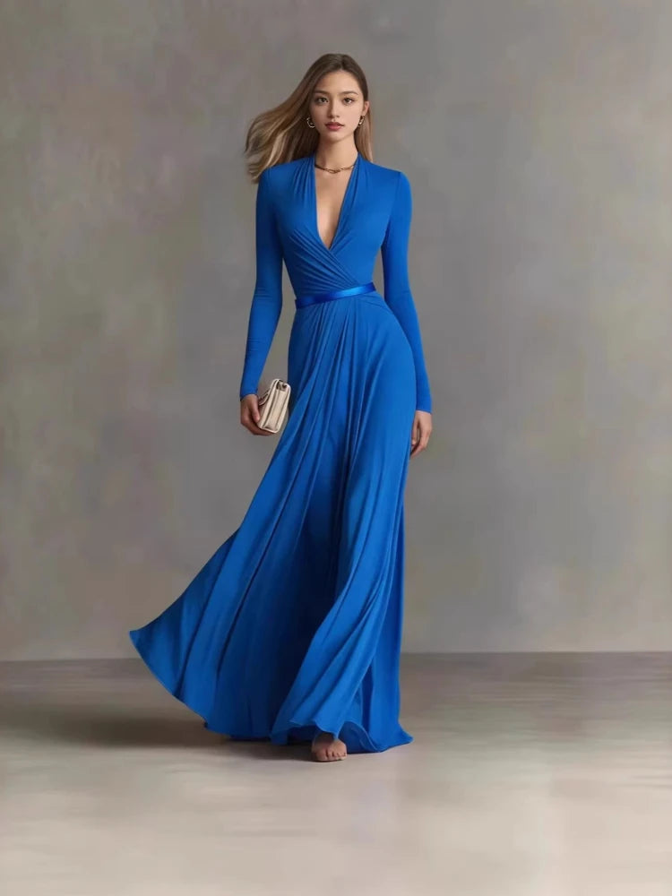 Elegant Sexy Deep V Neck Slim Maxi Dress Women Long Sleeve Ruched Waist Formal Gown Spring Casual Solid  Long Dresses