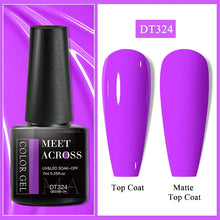 Purple nail polish bottle with 'Meet Across' branding and two nail samples on a purple background.