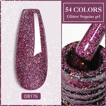 Glitter sequins gel with a nail application and '54 Colors' text on a white background.