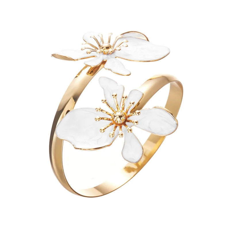 Elegant Enamel Flower Open Cuff Bracelet