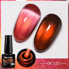 MTSSII DC325 magnetic cat-eye nail polish shown with a bottle, two nail swatches displaying pink-to-orange and orange-to-brown shimmer, and a close-up of the polish on a brush.