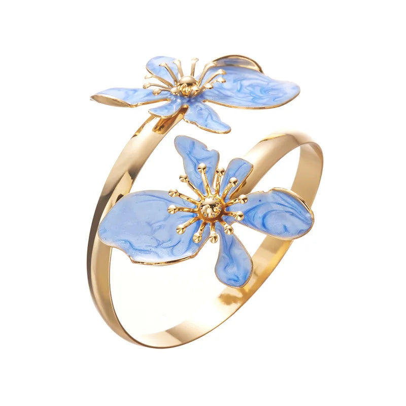Elegant Enamel Flower Open Cuff Bracelet