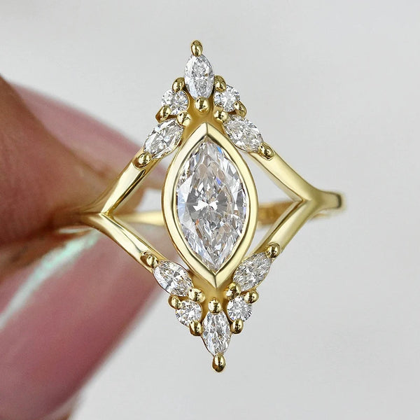 Geometric gold cubic zirconia wedding ring front view
