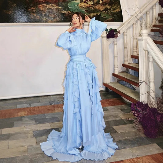 Light Blue Solid Color Casual Trendy Long Sleeve Dress