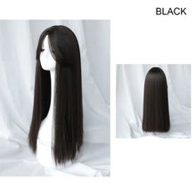 1. Black straight hair wig with middle part fringe — full length view. 2. Black straight hair wig showing smooth tangle-free synthetic fibres. 3. Black straight hair wig with adjustable band for secure fit. 4. Black straight hair wig middle part fringe framing the face. 5. Black straight hair wig worn for casual daily wear look. 6. Black straight hair wig available at Her Wardrobe & Beyond.
