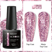 Gel polish bottle with pink glittery nails and 'Meet Across' branding on a pink glittery background.